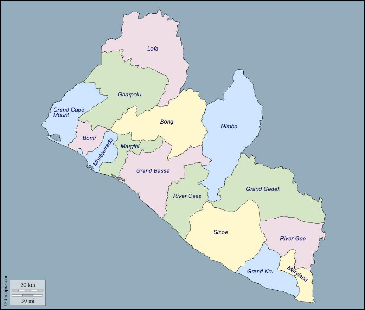 kaart Libeeria maakondades